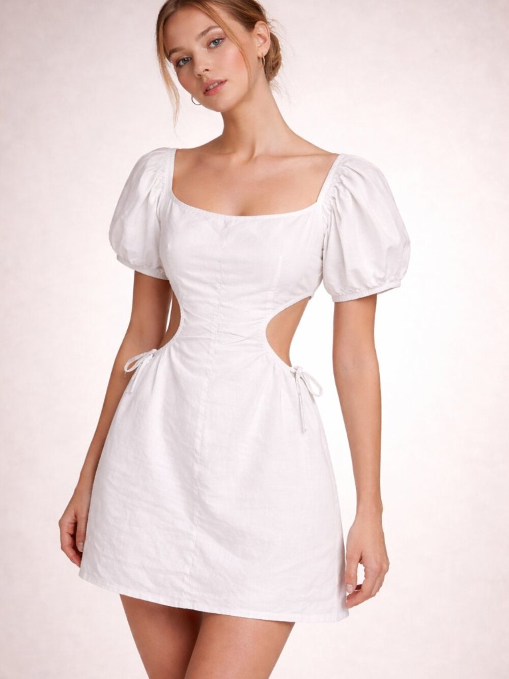 Sabo Skirt White Linen Puff Sleeve Cutout Dress M Bridal Cottagecore